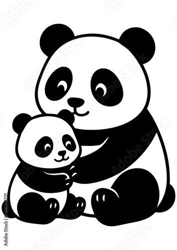 Cute black and white vector of panda mom hugging baby panda, perfect for engraving, prints, logos, and creative projects
