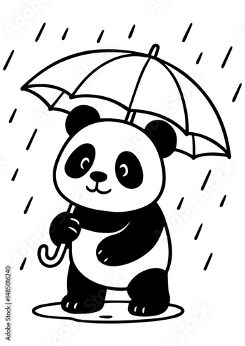Cute black and white vector panda walking with umbrella under the rain. Perfect for engraving, print, logo, and creative illustrations
