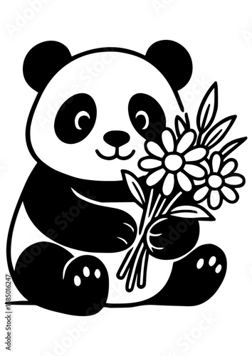 Cute black and white vector panda holding a bouquet of spring flowers. Perfect for engraving, prints, logos, and creative illustrations photo