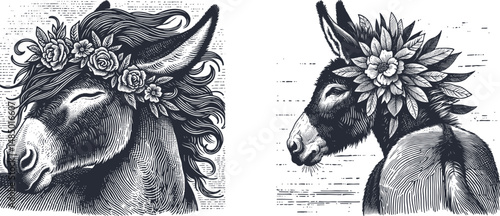 Donkey with Floral Hair Snorting Head Artwork – Unique Engraving & Woodcut Design for Home Decor, Gifts, and Art Prints Featuring Detailed Floral Elements