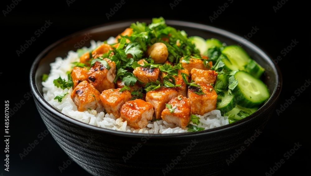 Closeup of Spicy Chicken Rice Bowl with Cucumber and Cilantro Closeup of Spicy Chicken Rice Bowl with Cucumber and Cilantro
