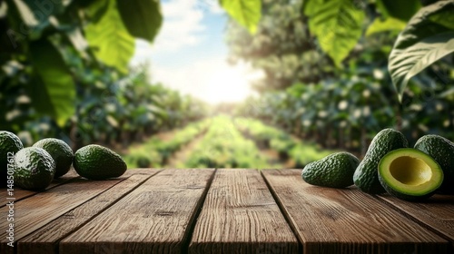 The rustic charm of a wooden table provides a beautiful contrast to an avocado farm backdrop.