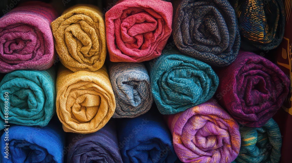 Fototapeta premium A stack of colorful cotton bath towels, neatly rolled up. 