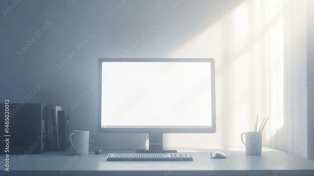 Minimalist Workspace with Empty Computer Screen Illuminated by Soft Sunlight and Shadow Minimalist Workspace with Empty Computer Screen Illuminated by Soft Sunlight and Shadow