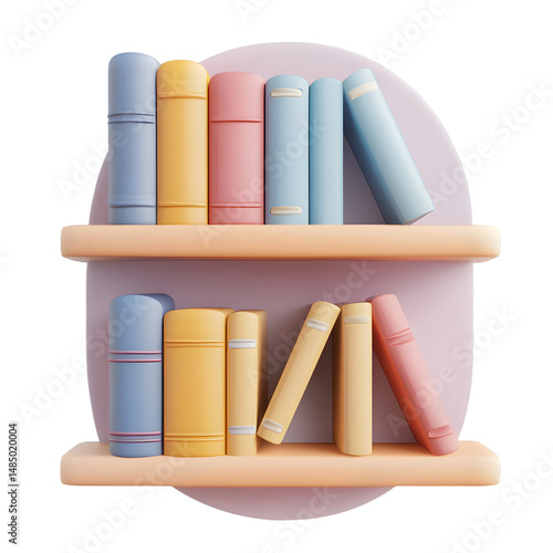Digital graphic design showcases a two-tiered wooden shelf with a colorful collection of books.  The pastel shades create a calming ambiance.