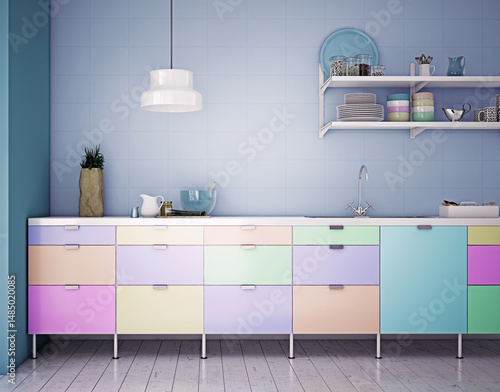 Bright kitchen with colorful shelves