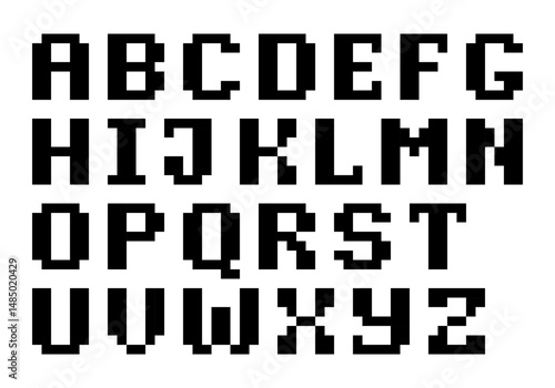 The alphabet A-Z is displayed in a black and white pixelated style. design for all business