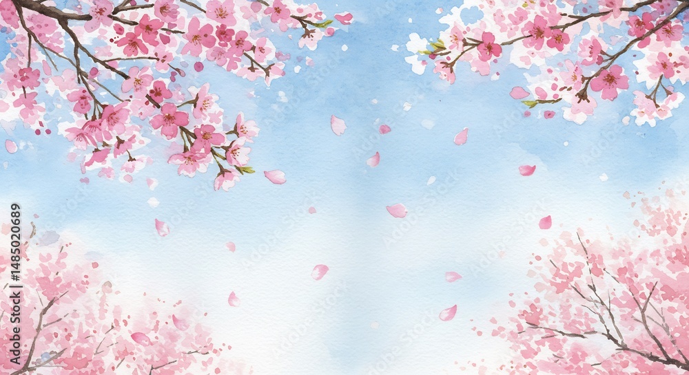 Fototapeta premium 春の柔らかな光に舞う桜の花びら 水彩画風. AI Generated