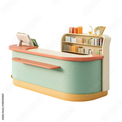 Digitally rendered, pastel-toned, curved retail counter with built-in bookshelves, presenting a modern shop design.