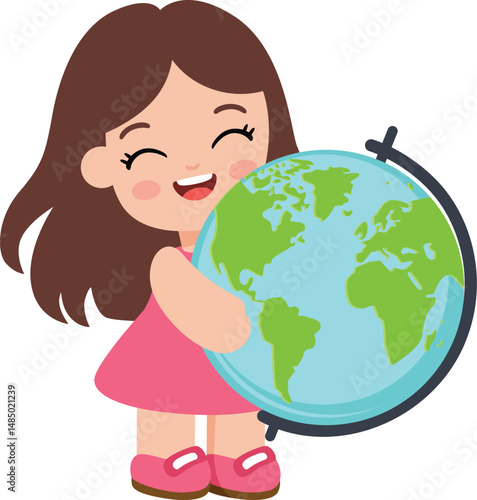 Happy Girl Hugging Planet Earth Tightly