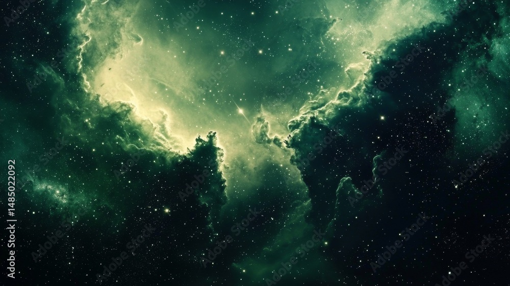 Fototapeta premium Ethereal wallpaper background depicting vibrant green nebulae.