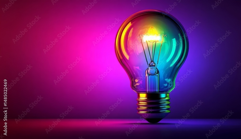 Glowing Colorful Lightbulb on Purple and Pink Background Glowing Colorful Lightbulb on Purple and Pink Background
