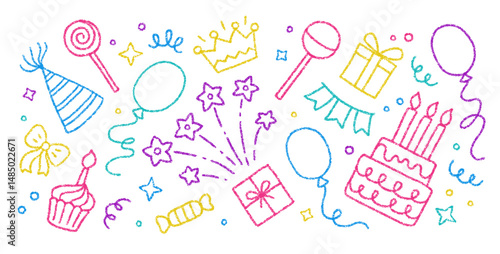 Doodle crayon birthday party icons. Cute hand drawn sketch of cake with candles, balloons, princess crown, firecracker and gift box. Colored crayon pencil icons of happy birthday, vector illustration