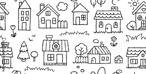 Seamless pattern with crayon pencil drawn houses. Charcoal sketch of cute village buildings, sun, trees and flowers. Black crayon small houses seamless pattern, vector illustration