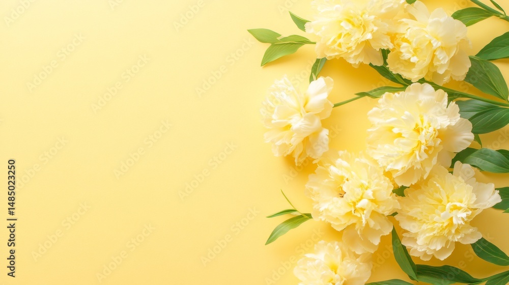 Fototapeta premium A beautiful arrangement of yellow peony flowers with green leaves creates lovely border on bright yellow background, ideal for spring flower arrangements and decorative concepts.