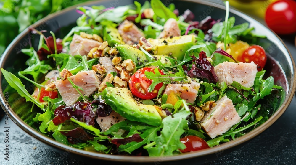colorful salad with fresh tuna, avocado, mixed greens, and a handful of crunchy nuts, dressed in a light olive oil and vinegar dressing. colorful salad with fresh tuna, avocado, mixed greens, and a handful of crunchy nuts, dressed in a light olive oil and vinegar dressing.