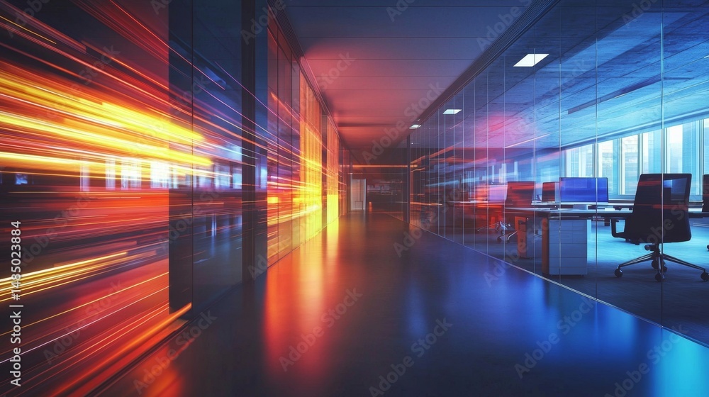 The dynamic interplay of motion blur and neon lighting in a contemporary office environment. The dynamic interplay of motion blur and neon lighting in a contemporary office environment.