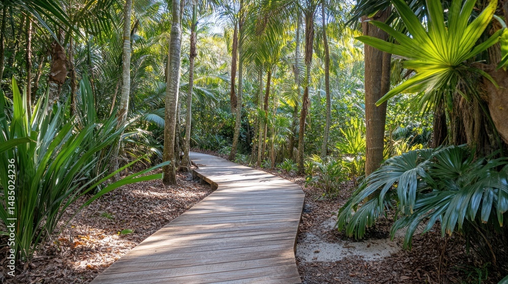 Wooden path winding through lush tropical vegetation Wooden path winding through lush tropical vegetation