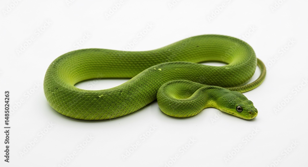 Fototapeta premium 鮮やか緑色 ヘビ 優雅に輝く 白い背景. AI Generated