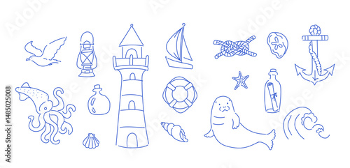 Set of hand-drawn nautical icons in blue line art style. Includes lighthouse, anchor, lifebuoy, sailboat, octopus, seagull, waves, bottle, knot, and sea creatures. 