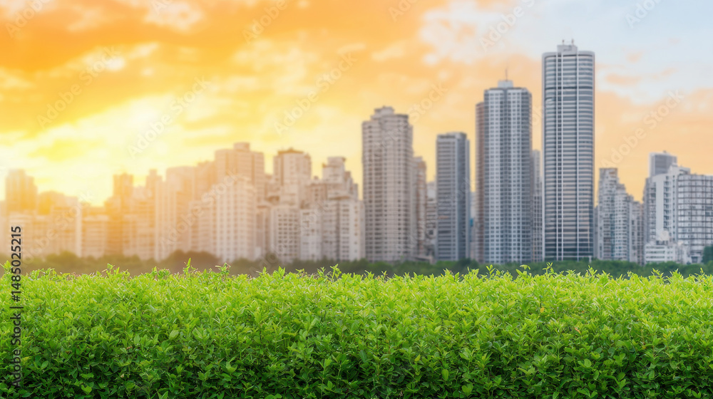 Vibrant city skyline at sunset, showcasing blend of nature and urban life, with lush greenery in foreground Vibrant city skyline at sunset, showcasing blend of nature and urban life, with lush greenery in foreground