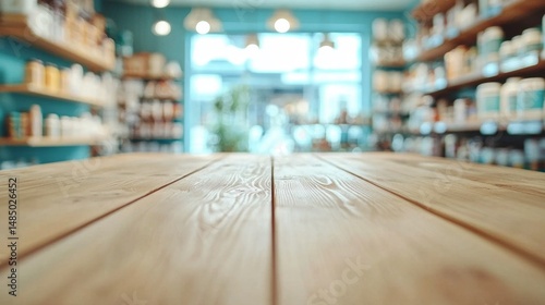 Wallpaper Mural Minimalist wooden tabletop with an indistinct pharmacy atmosphere Torontodigital.ca