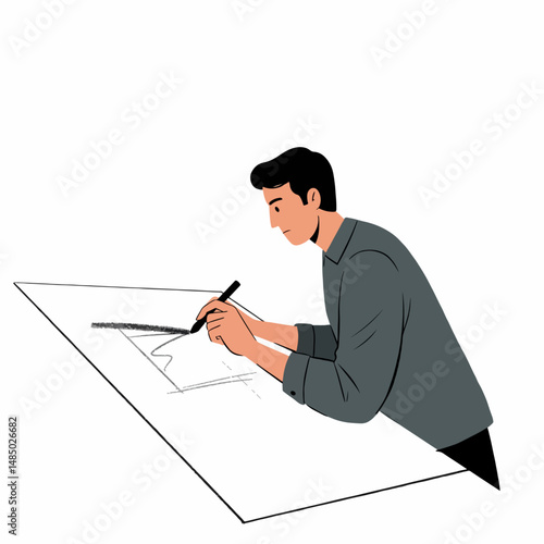 Architect's Draft: A skilled architect is meticulously working on blueprints on his drafting table, with focus and precision