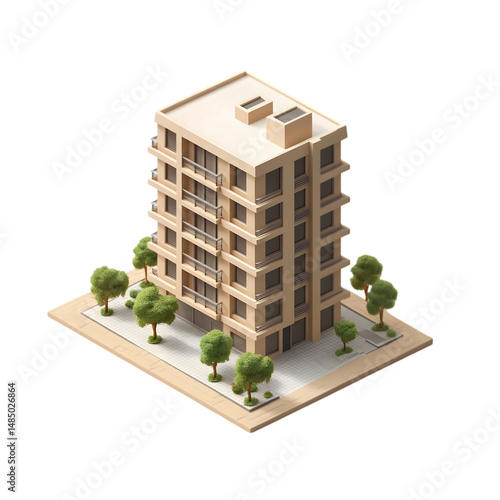 Digitally rendered, top-down illustration of a modern apartment building with trees, showcasing urban design and perspective.