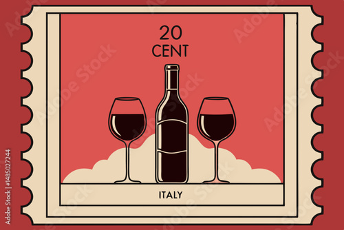 Italian Wine Postage Stamp Design Two Glasses Bottle