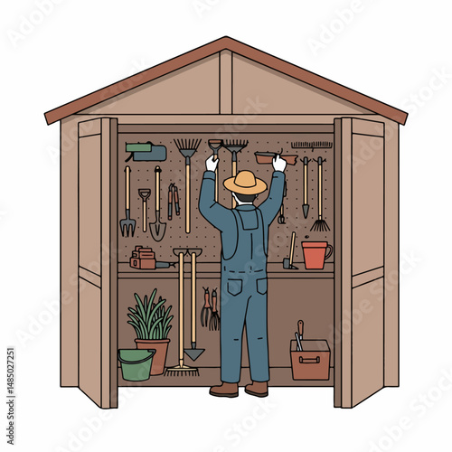 Organized Garden Shed: A gardener meticulously organizes gardening tools inside a neatly arranged garden shed, showcasing a variety of equipment for tending plants and maintaining a garden.