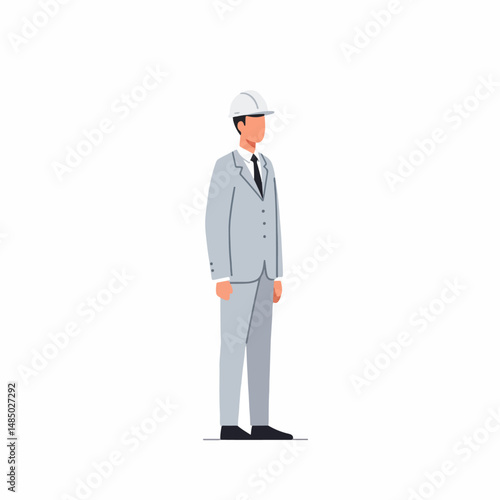 Architect in Professional Attire: A focused architect, exuding confidence and expertise, stands poised, attired in a crisp suit and protective headgear.