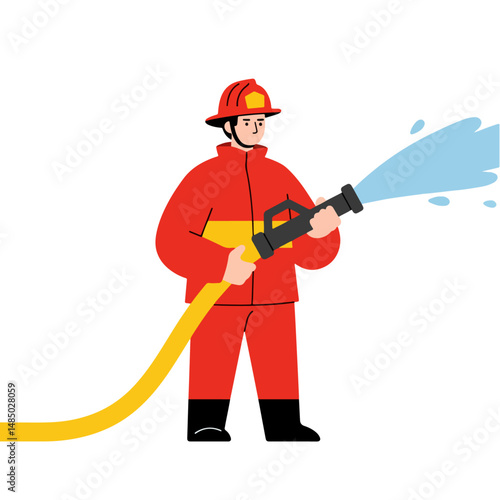Firefighter with hose: A dedicated firefighter in uniform stands ready, expertly wielding a water hose to combat a blaze, representing courage and the dedication to protect the safety of other.