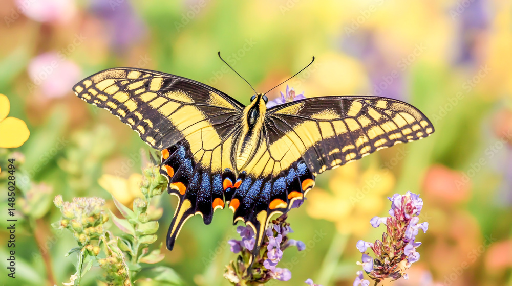 Fototapeta premium A delicate butterfly alighting on a bloom, showcasing nature’s vibrant and artistic palette