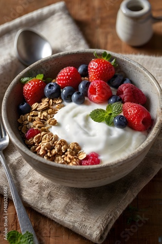 Yogurt Bowl with Fresh Berries, Granola, and Mint – Healthy Breakfast Flat Lay