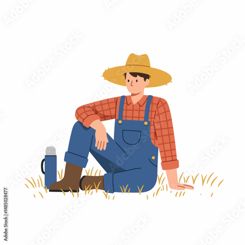Farmhand Taking a Break: A farmer or farmhand sits on the grass, wearing blue overalls, a red plaid shirt, and a straw hat, taking a break from their hard work.