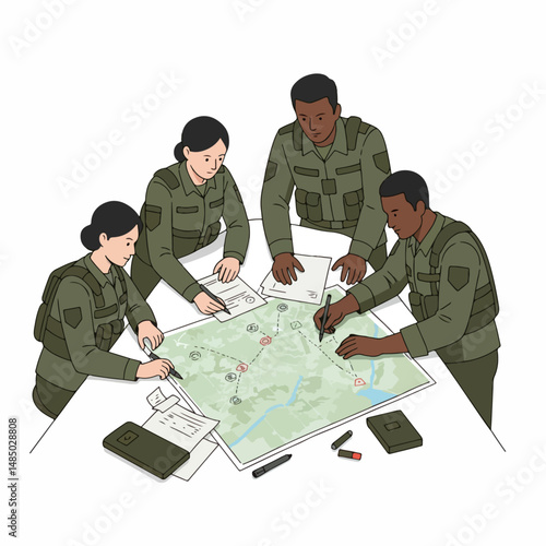 Strategic Team: A cohesive unit of soldiers meticulously analyze a detailed map, their focused expressions and coordinated actions conveying a sense of calculated planning and collaborative effort. 