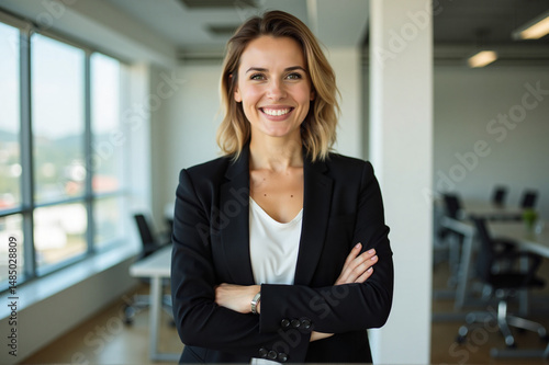 Free Download Woman standing in an office with her arms crossed, wearing a black and white dress and smiling. - GFXLoad