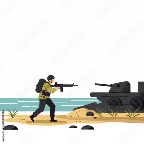 Military Action on the Coast: A soldier in full combat gear, equipped with a rifle, navigates the rugged terrain of a coastal beach, with a tank positioned strategically nearby, ready for battle.