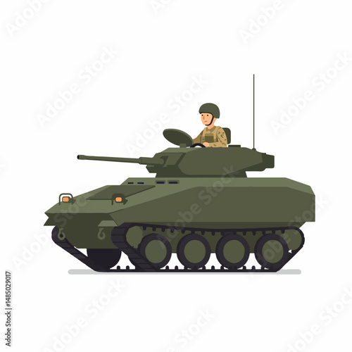 Military Armored Vehicle: A  flat illustration of  armored personnel carrier with a soldier operating it against a white background. 