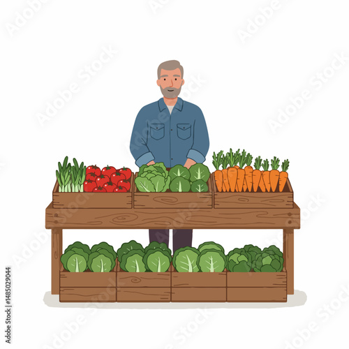 Farmer's Market: A friendly farmer stands behind his stall, offering a vibrant array of freshly harvested produce, showcasing the bounty of the earth in a colorful, inviting display.