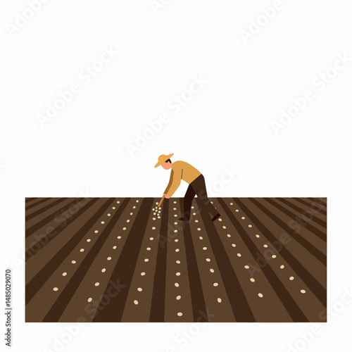 Sowing the Seeds of Growth: A farmer, meticulously tending to the earth, plants seeds in a field. The scene portrays a crucial step in cultivation and agricultural process.