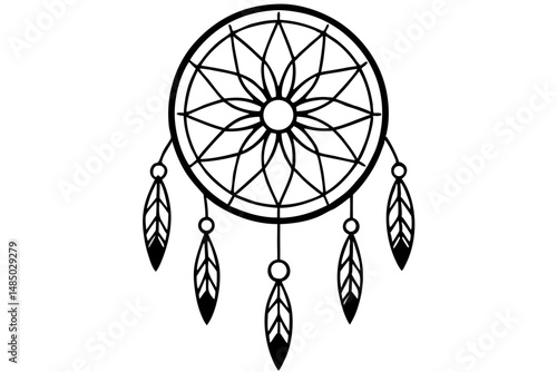 Native American Dreamcatcher Outline Illustration with Feathers