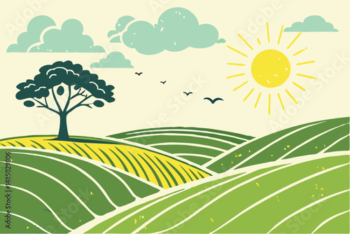 Sunny Day in Rolling Green Hills with a Single Tree