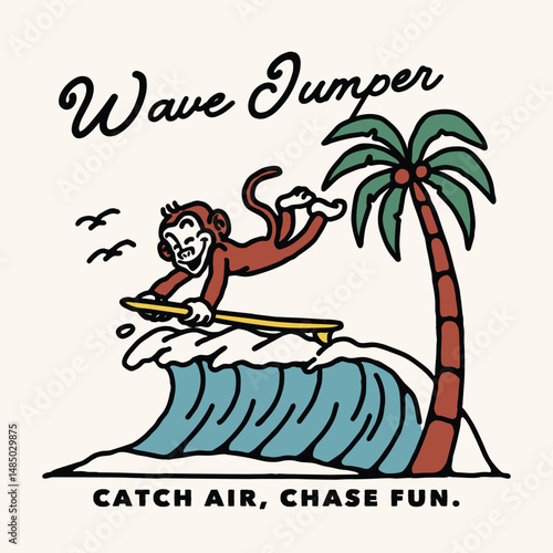 A surfing monkey illustration flying mid-air over a breaking wave with palm trees in the background, capturing high-energy, adventurous summer fun.