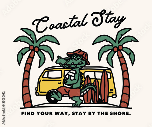 A playful summer illustration of an alligator wearing sunglasses, relaxing beside a retro van under palm trees, capturing a chill tropical vacation mood.