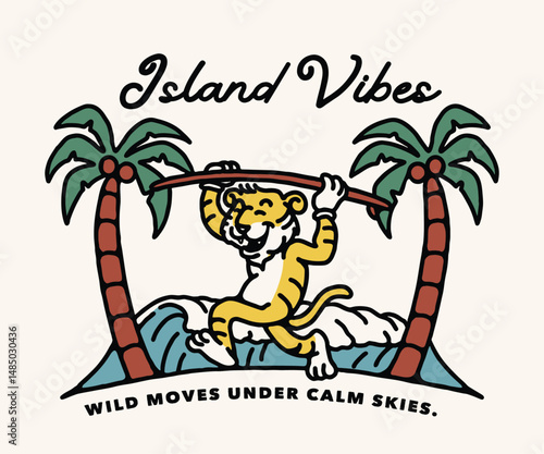 A vibrant summer artwork showing a cheerful tiger playing with a hammock between palm trees on a tropical beach, conveying relaxed island energy and wild fun.
