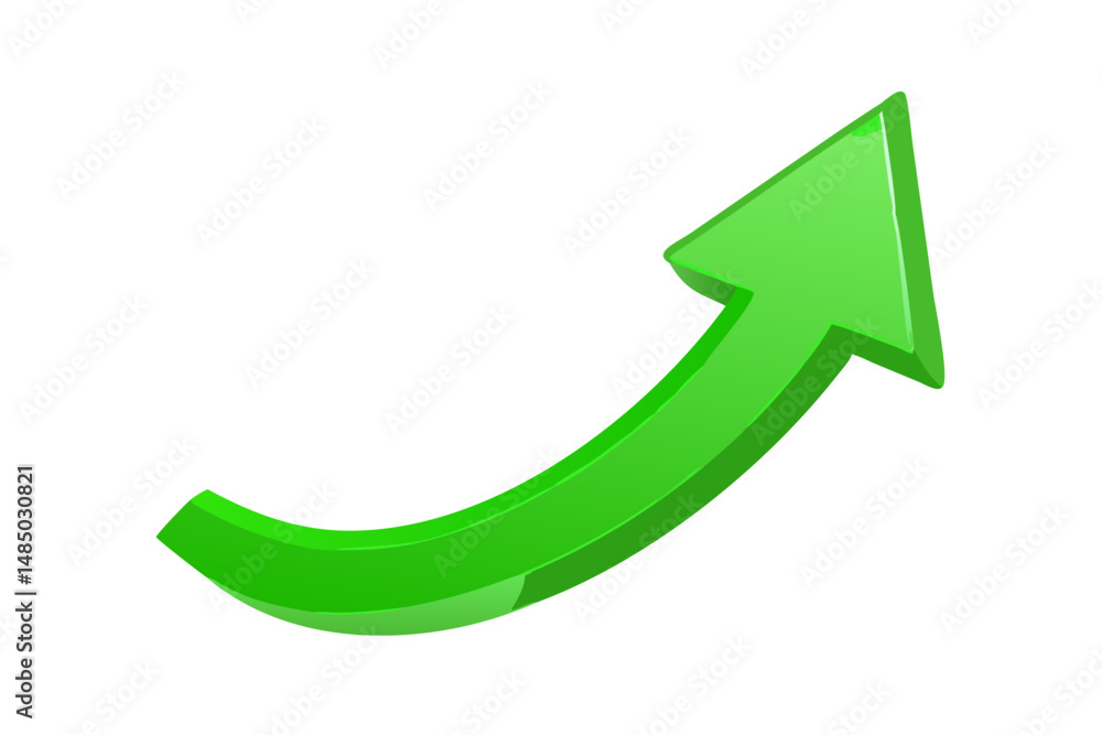 3D Green Curved Arrow Pointing Upwards Representing Growth Progress 3D Green Curved Arrow Pointing Upwards Representing Growth Progress