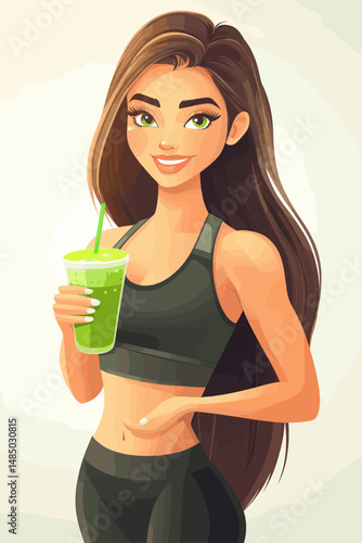 Healthy woman holding a green smoothie in workout attire
