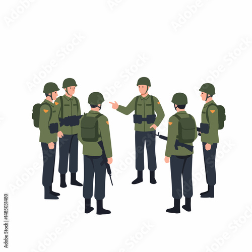 Military Briefing:  A group of soldiers, in full combat gear,  attentively listen to their leader,  as they  gather in a tactical huddle for a military briefing.