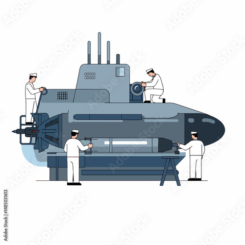 Submarine Maintenance Crew: A detailed illustration depicts a team of skilled naval engineers meticulously maintaining a submarine, showcasing their expertise and dedication.